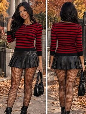 By & By Red Black Striped Lace Up Shoulder Sweater Top Large